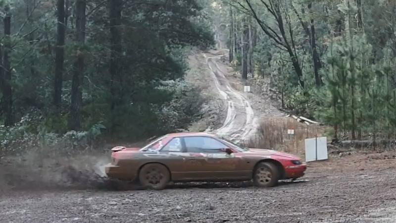 Nic Box/Tod Payne working hard in their S13 Silvia to catch the leaders on the slippery roads of Kirup