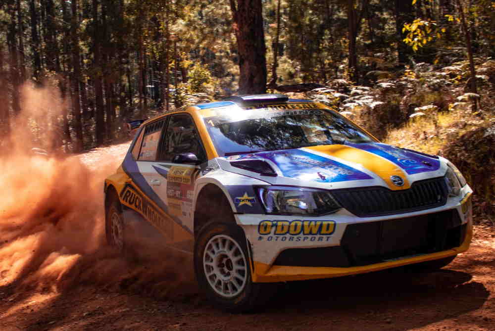 The Skoda Fabia R5 of John ODowd and Toni Feaver taking a win on the 2019 Experts Cup Rally