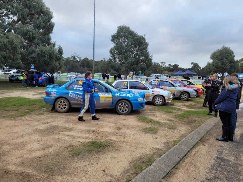 Rally cars lined up at the finish of the Clubman Cup